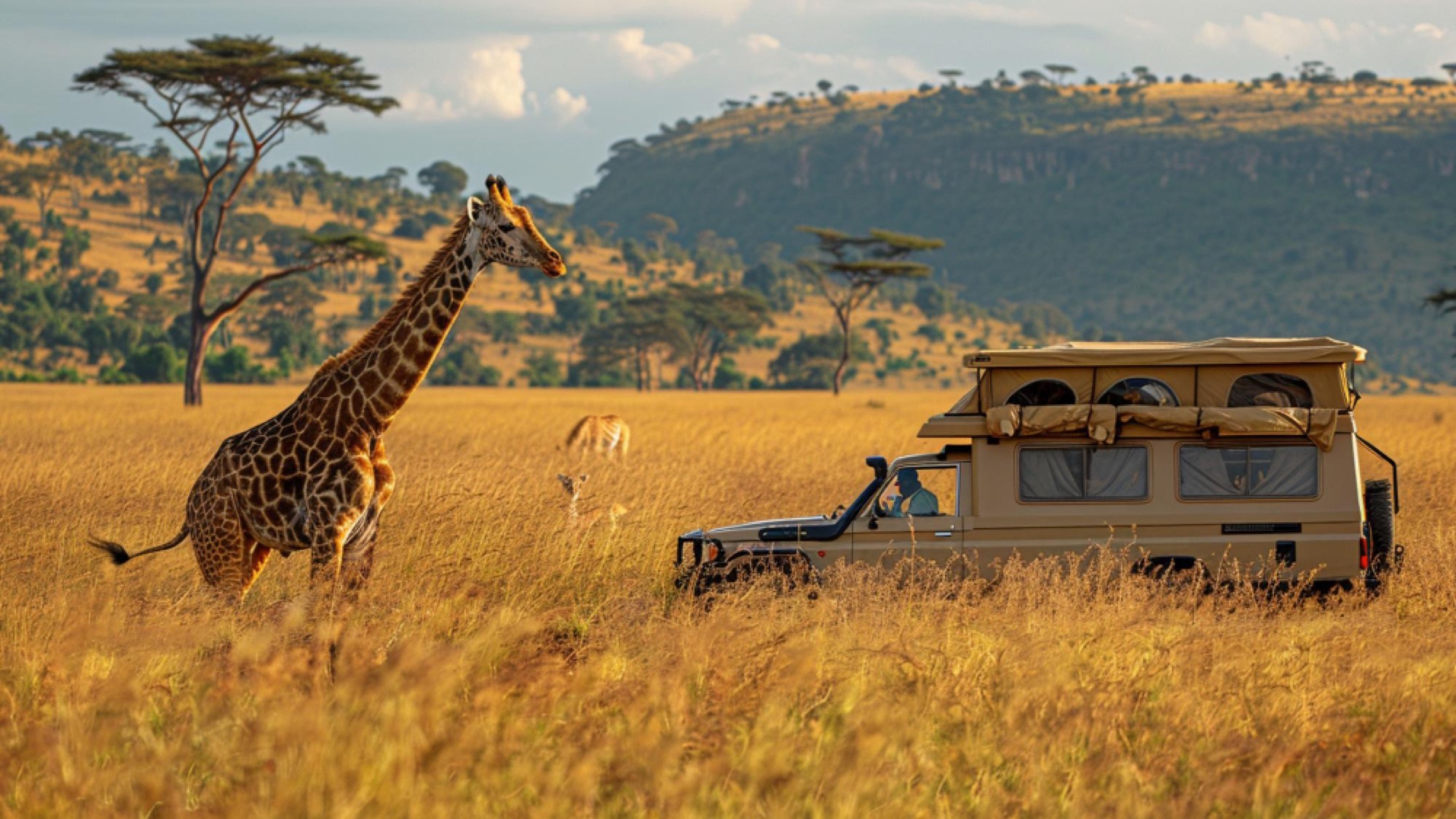 A safari vehicle watching a giraffe across the golden Serengeti plains at dawn
